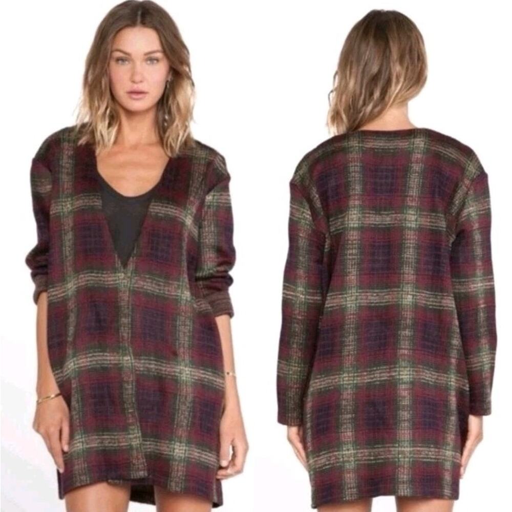 UNIF Women Nevermind Duster in Plaid Cardigan Sweater Long Sleeve Red Size S